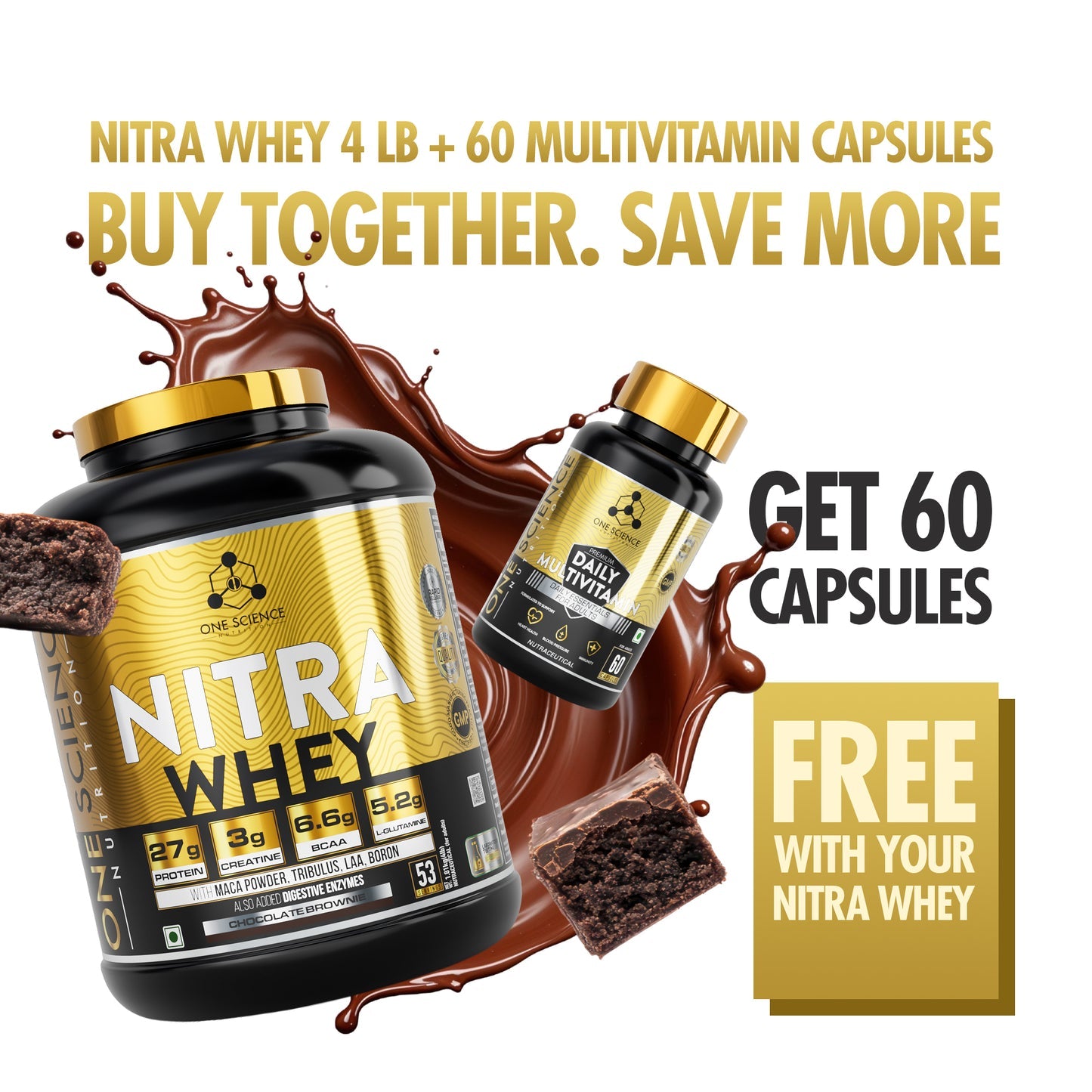 One Science Nitra Whey Protein 4 LB + Free Daily Multivitamins 60 Capsules
